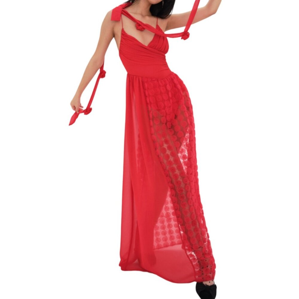 For Love and Lemons Hannah Rose Sheer Maxi Dress Red Size Small NWT
